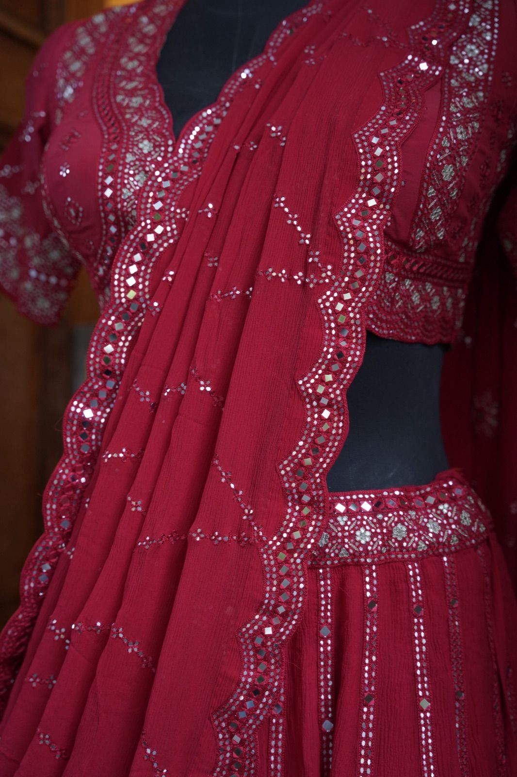 Crimson Mirror-Work Lehenga with Net Dupatta - view 8