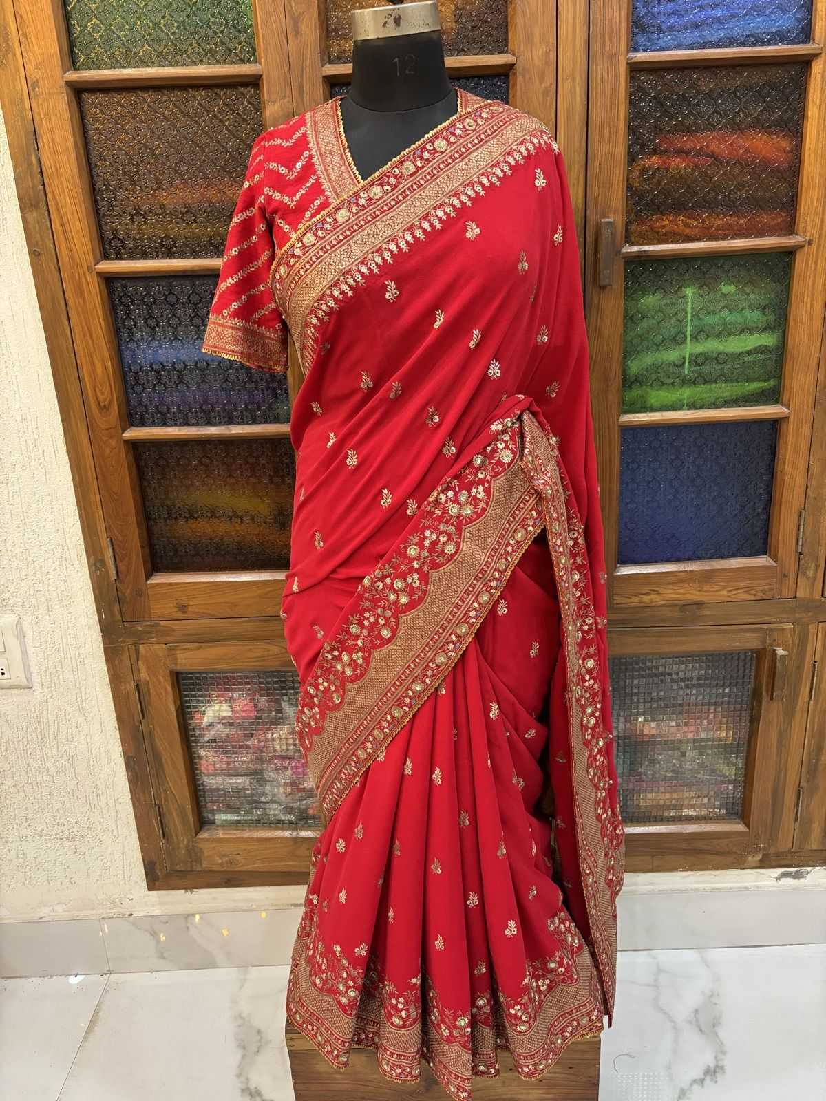 Red Embroidered Saree with Matching Blouse