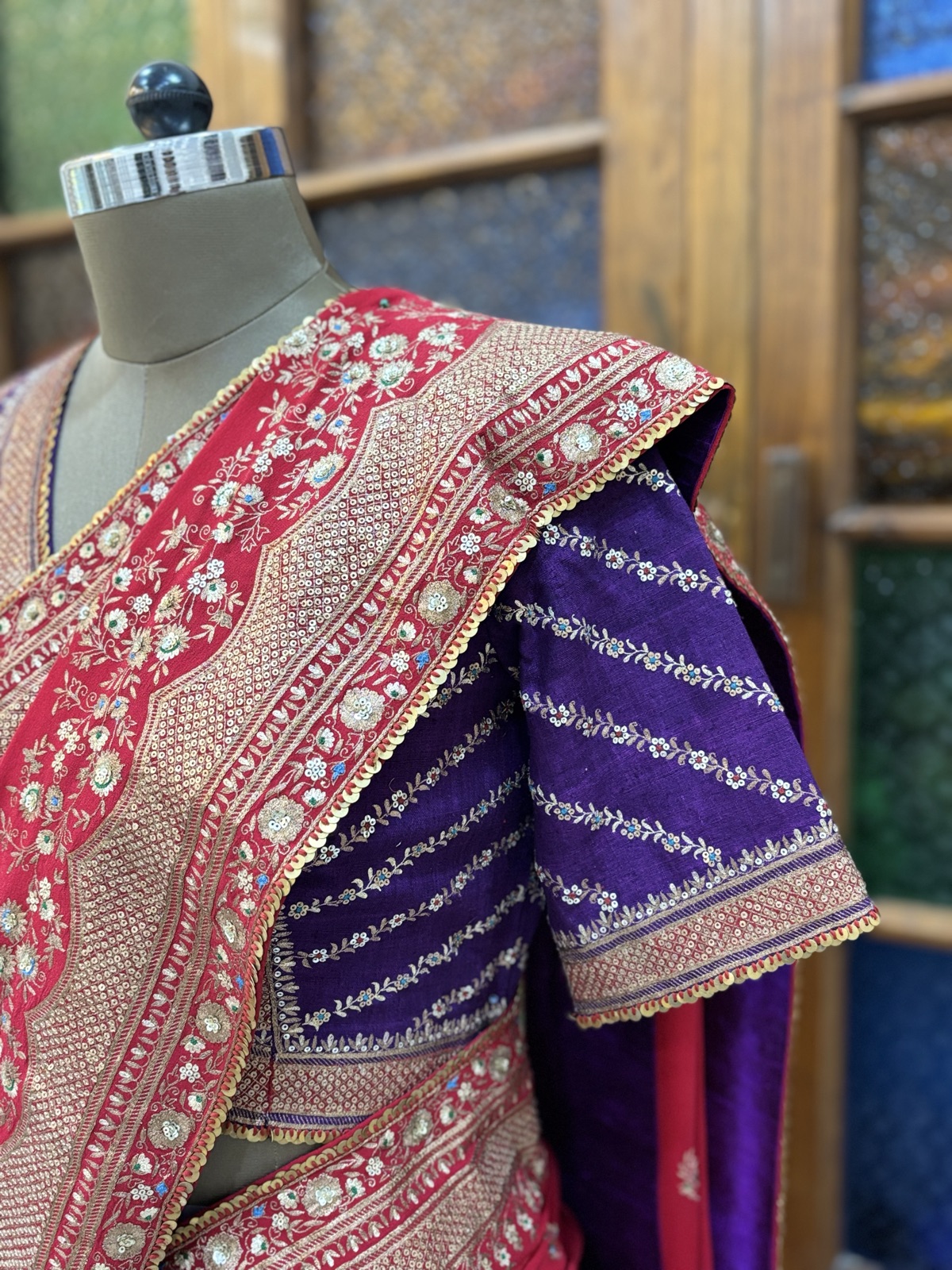 Red Saree with Violet Bandhani Blouse - view 5
