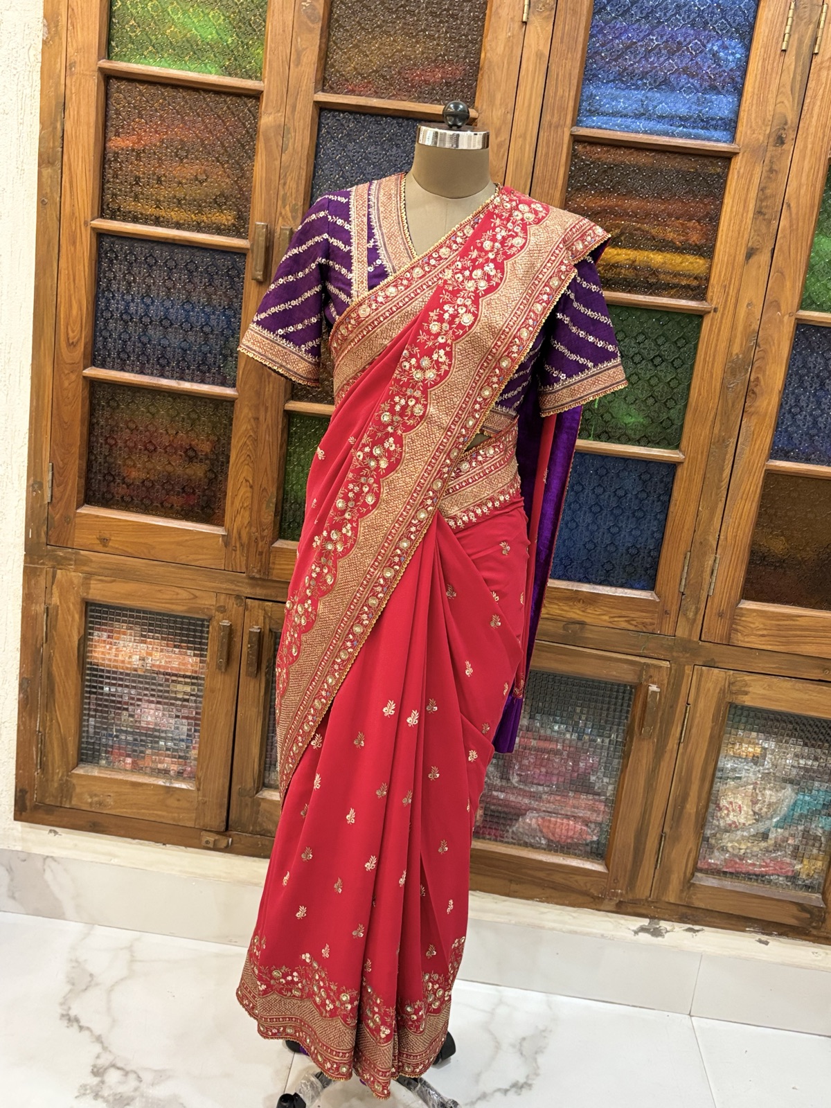 Red Saree with Violet Bandhani Blouse - view 6