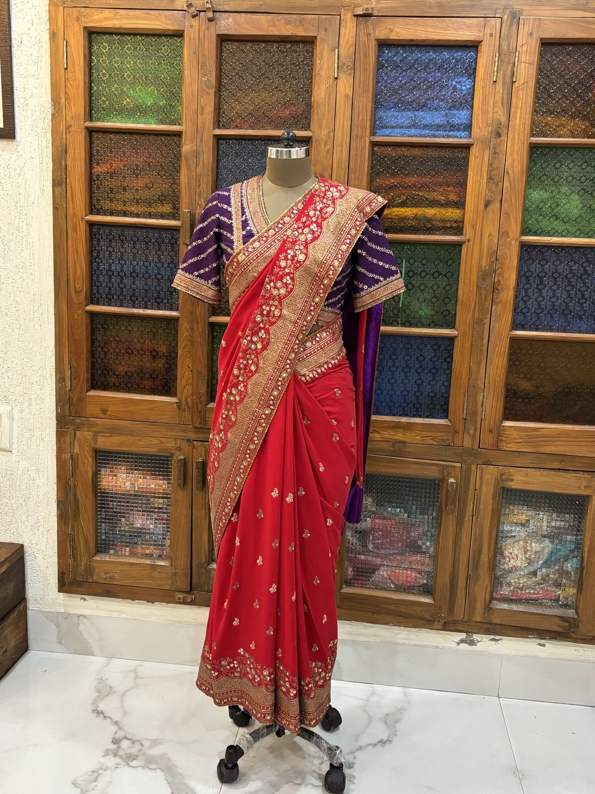 Red Saree with Violet Bandhani Blouse - view 8