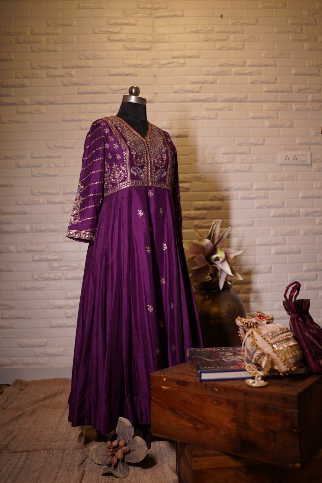 Royal Purple Anarkali with Zari Embroidered Yoke - view 3