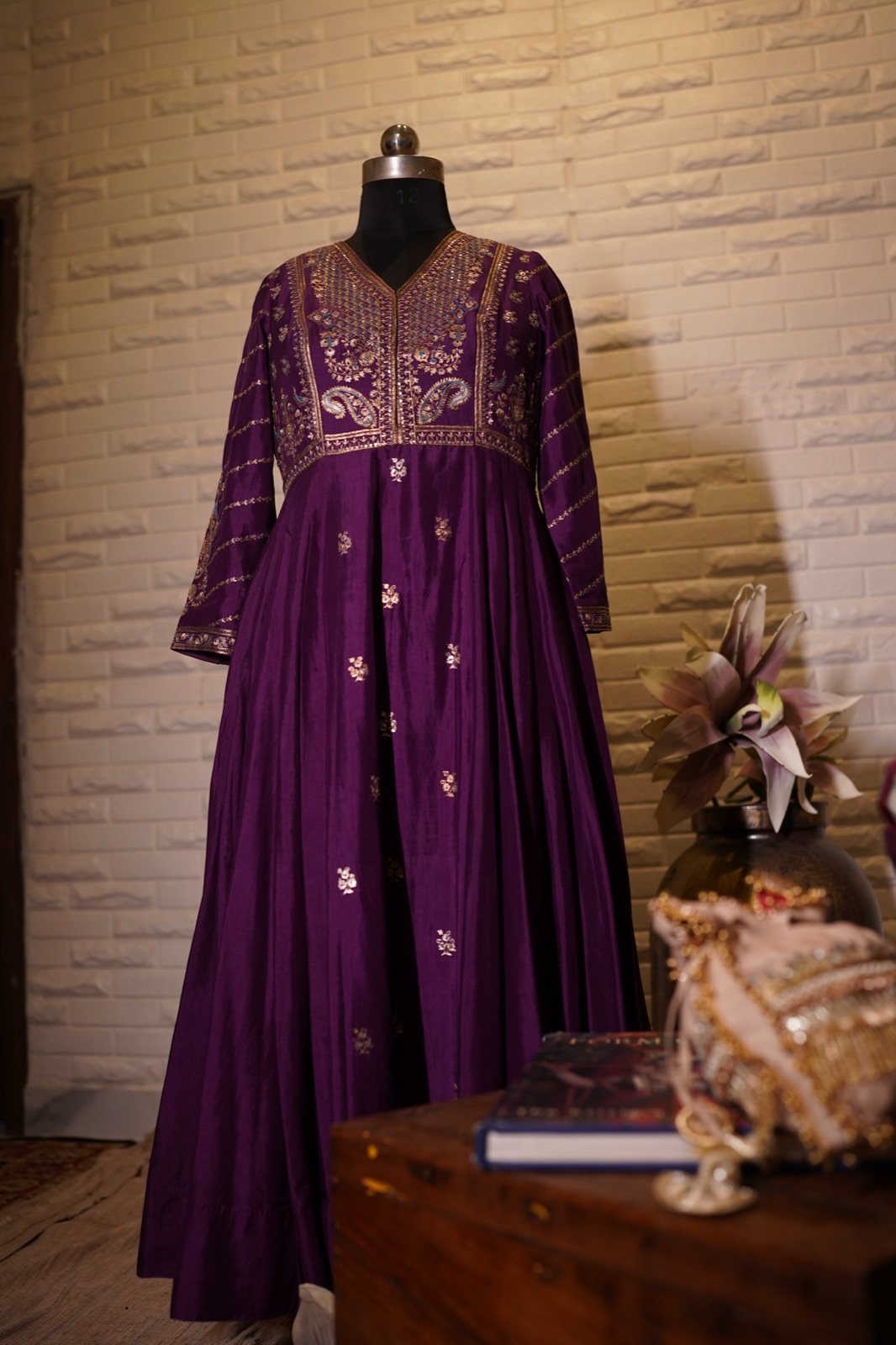 Royal Purple Anarkali with Zari Embroidered Yoke - view 6