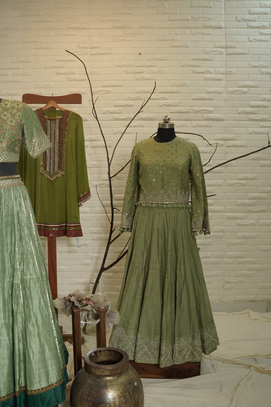 Sage Green Embroidered Top with Flared Skirt