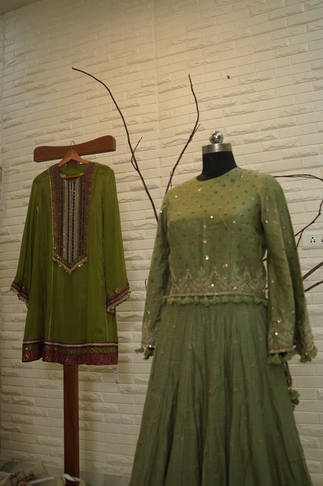 Sage Green Embroidered Top with Flared Skirt - view 3