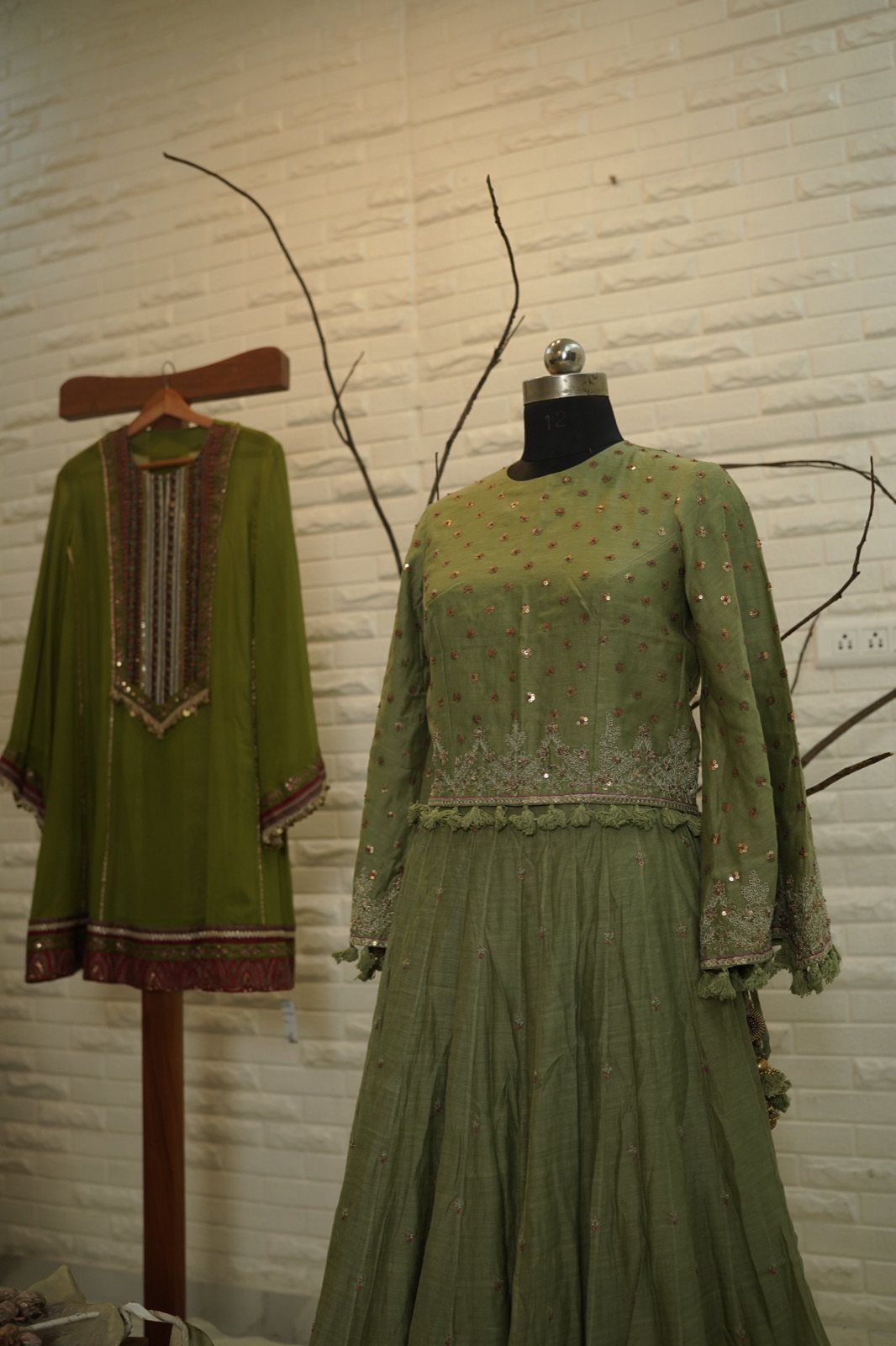 Sage Green Embroidered Top with Flared Skirt - view 4