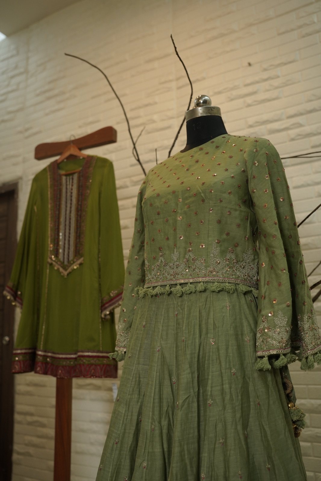 Sage Green Embroidered Top with Flared Skirt - view 5