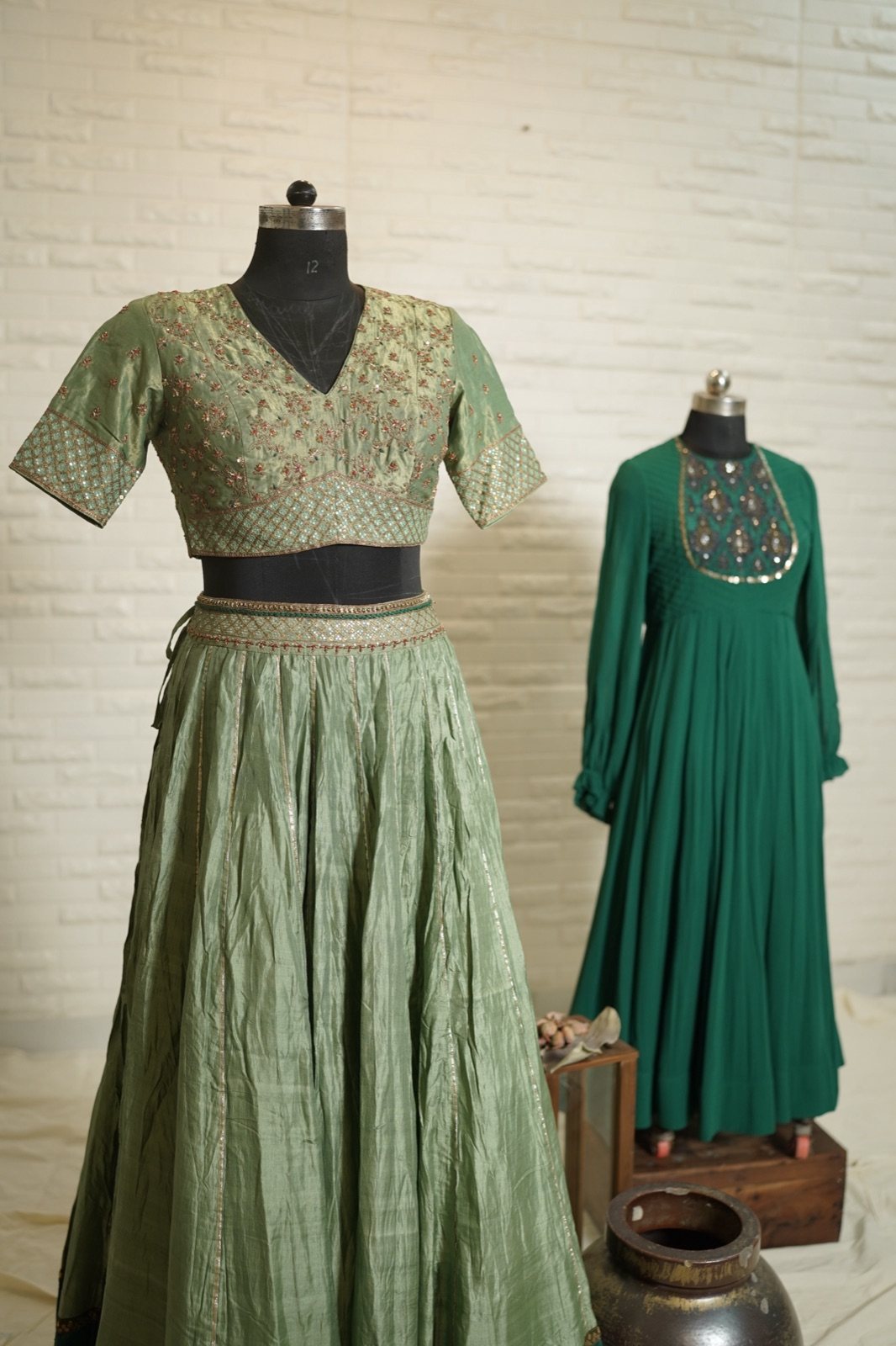 Sage Green Tissue Lehenga with Embroidered Blouse