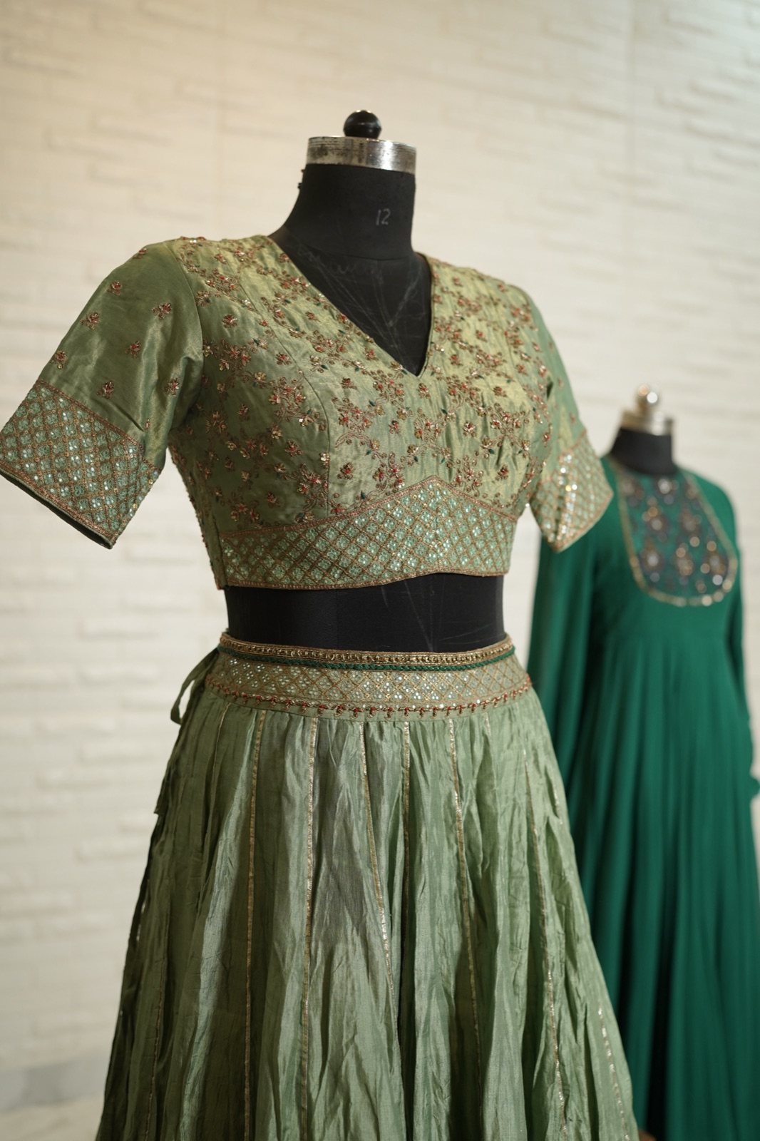 Sage Green Tissue Lehenga with Embroidered Blouse - view 3