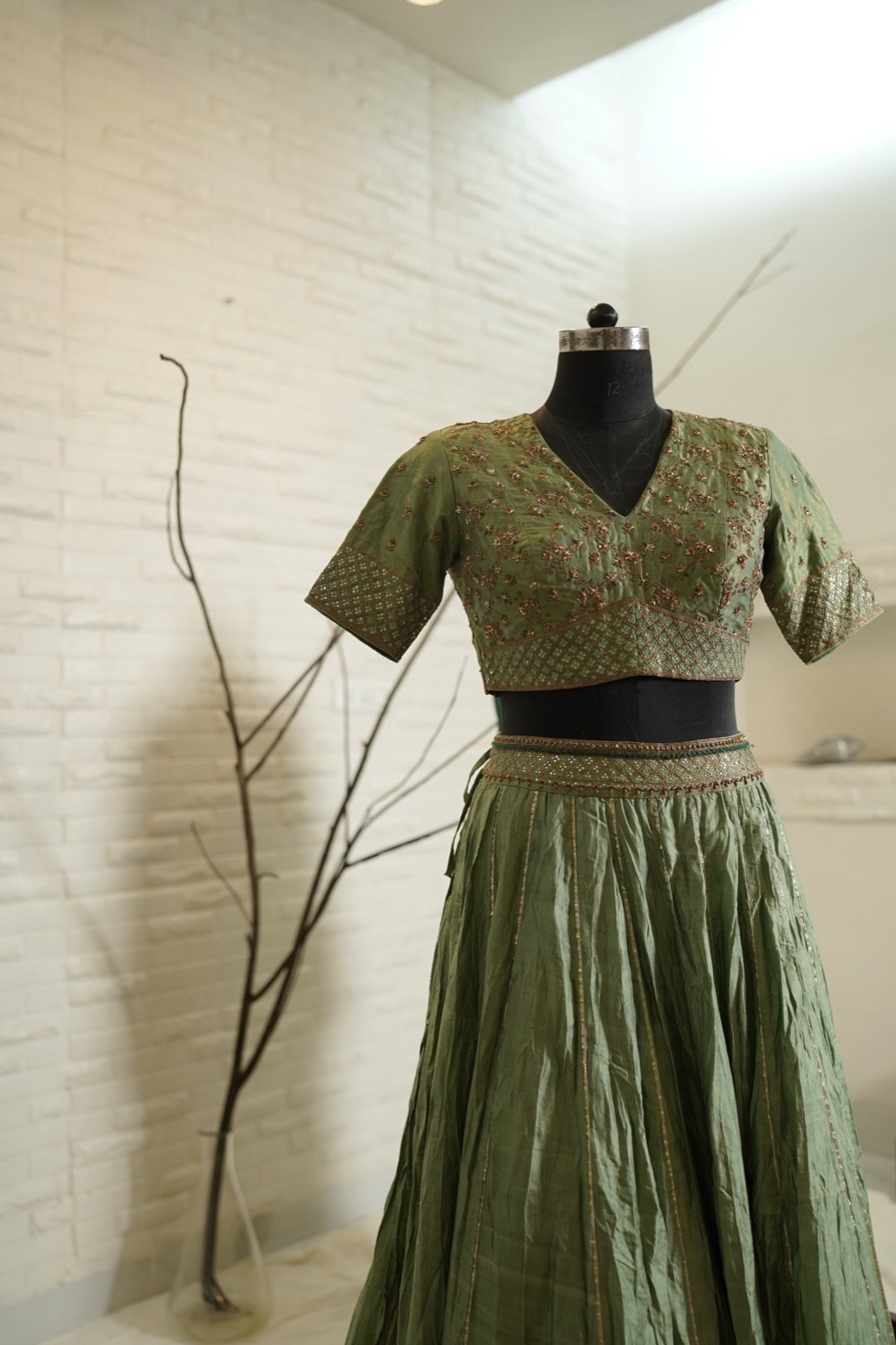 Sage Green Tissue Lehenga with Embroidered Blouse - view 4
