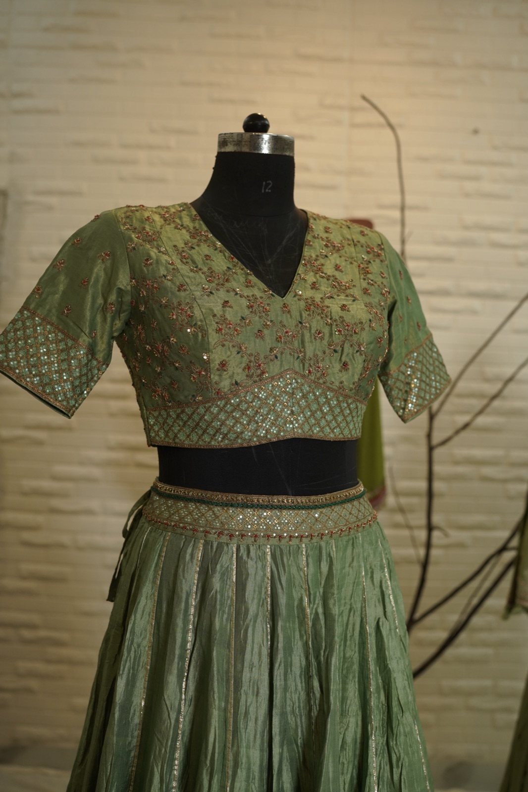 Sage Green Tissue Lehenga with Embroidered Blouse - view 6