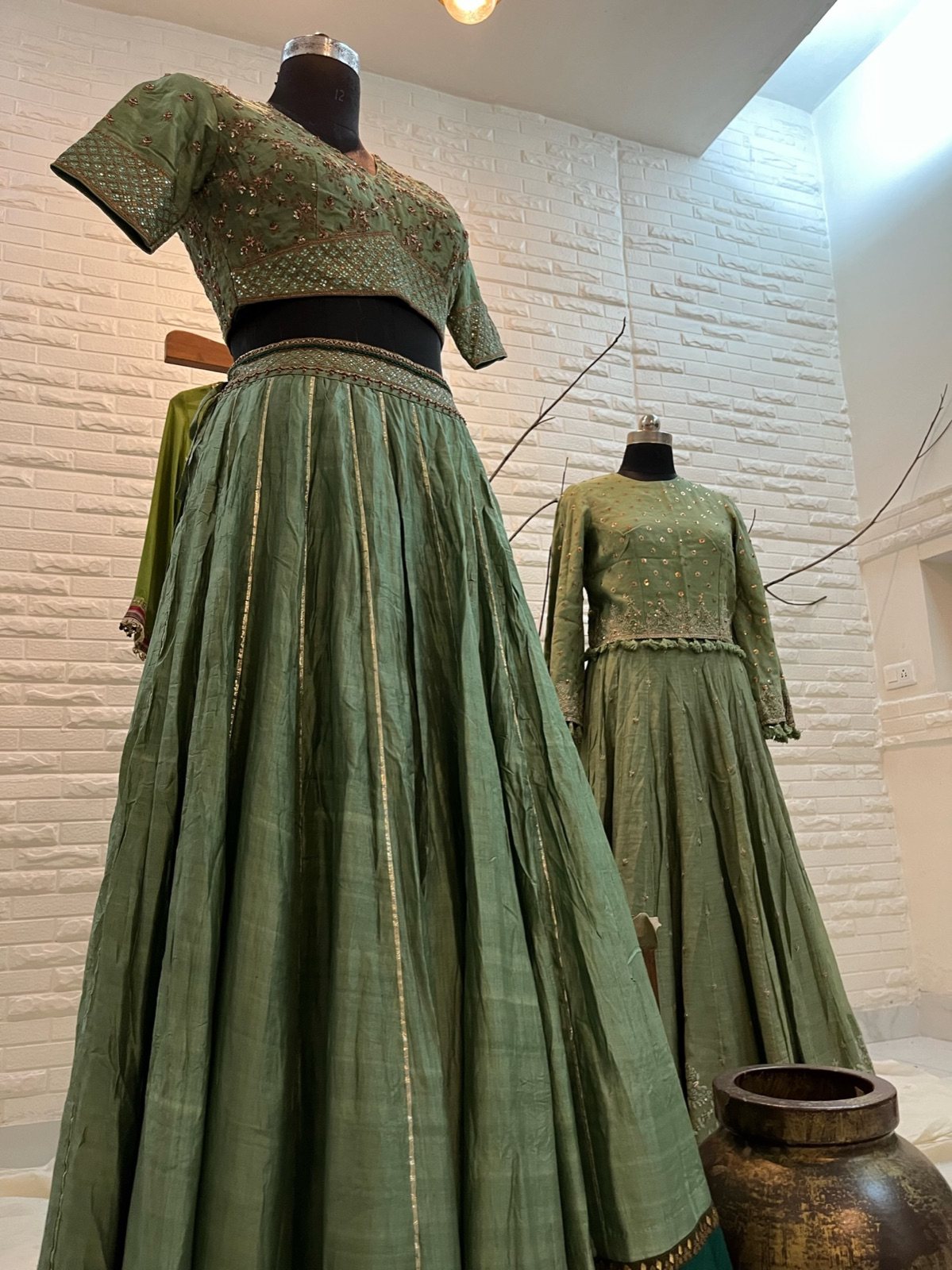 Sage Green Tissue Lehenga with Embroidered Blouse - view 7