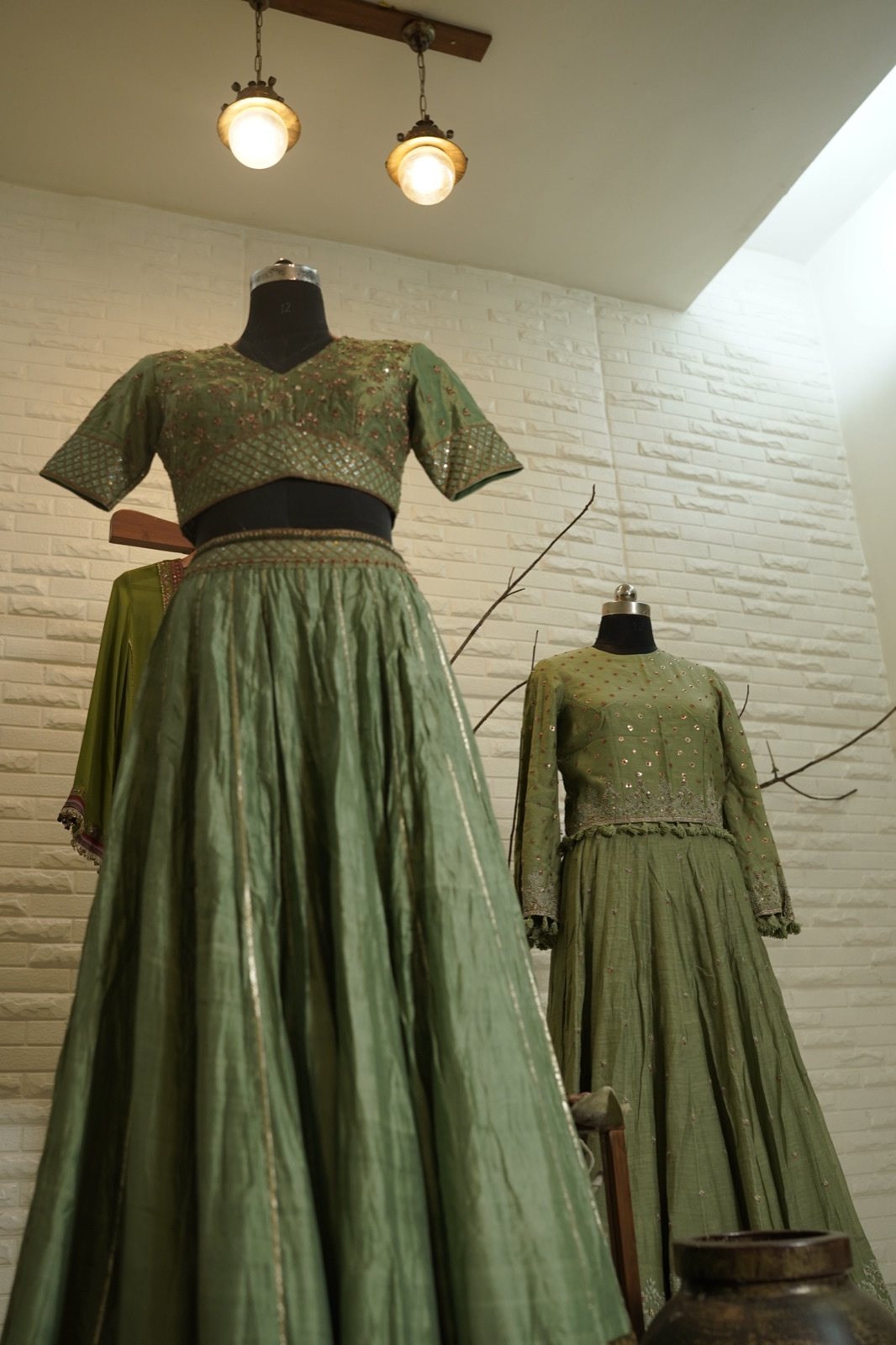 Sage Green Tissue Lehenga with Embroidered Blouse - view 8