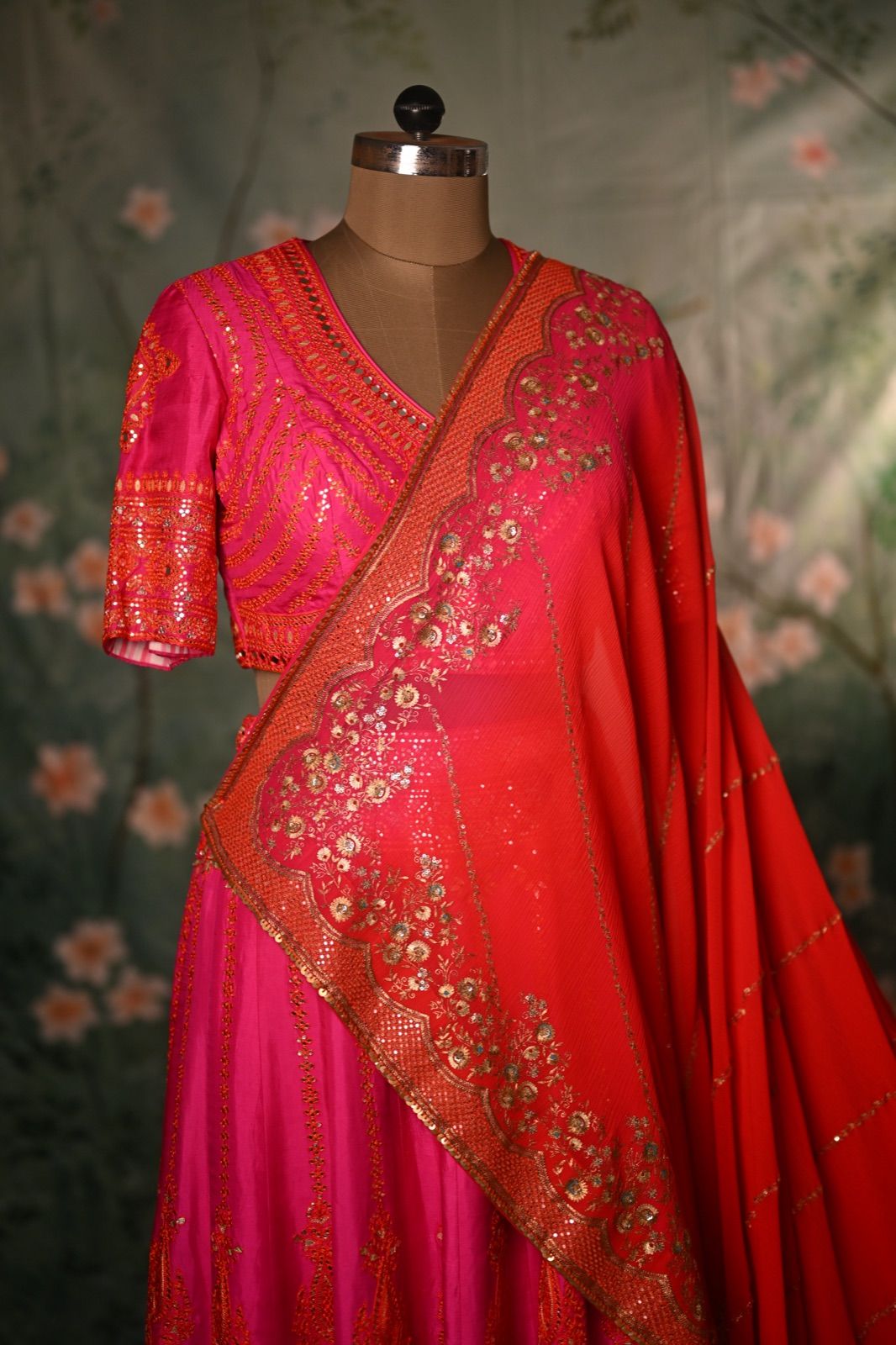 Coral Red Ombré Saree with Embroidered Pallu - view 3