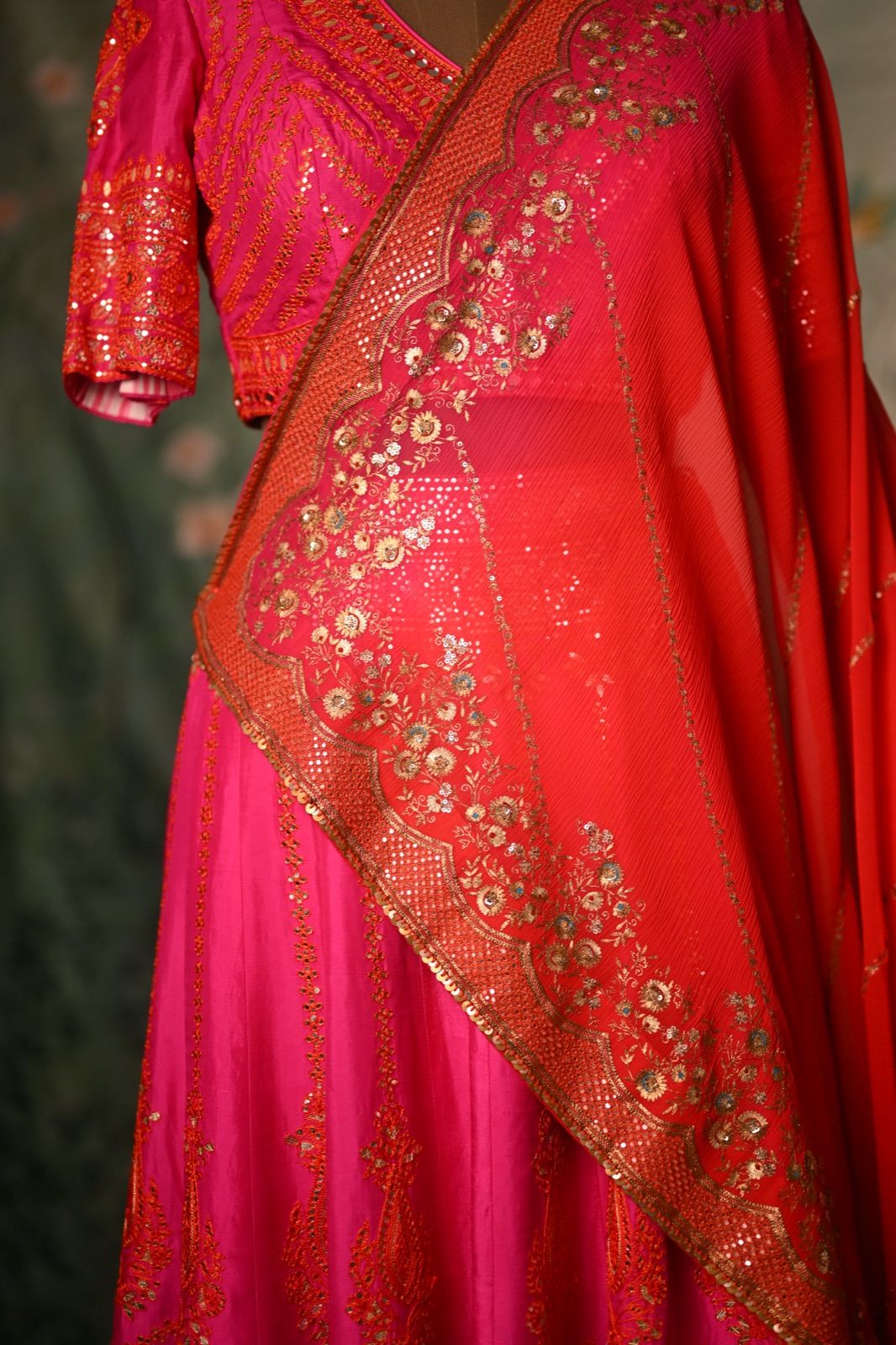 Coral Red Ombré Saree with Embroidered Pallu - view 4