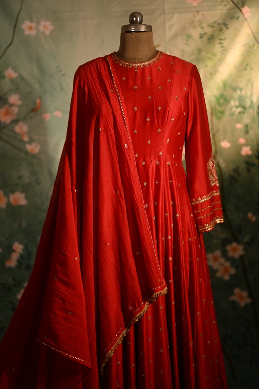 Scarlet Anarkali with Gold Buti & Dupatta