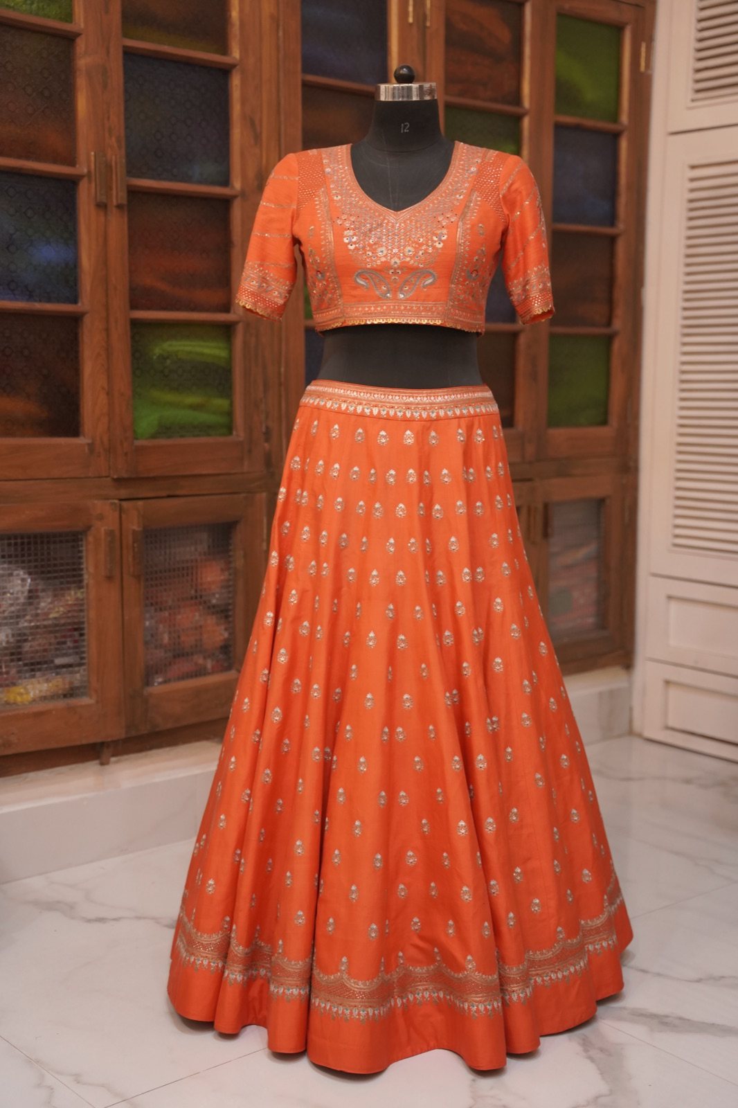 Tangerine Buti Lehenga with Embroidered Blouse