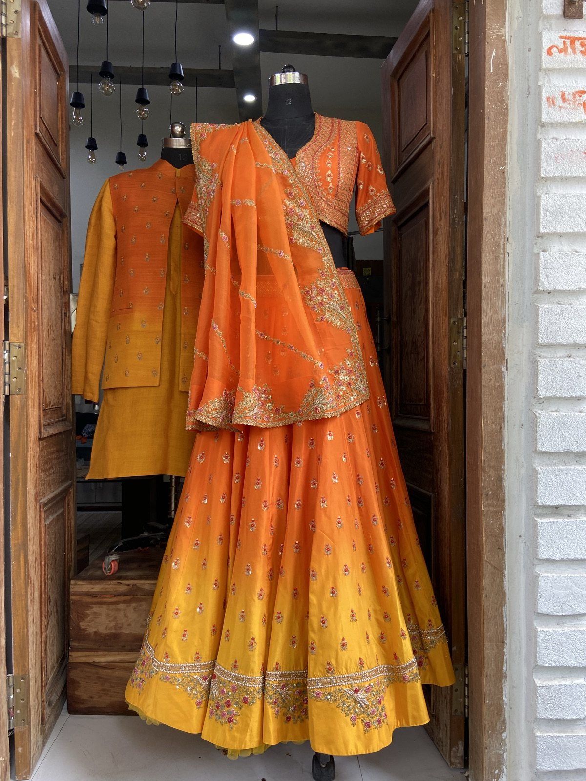 Tangerine to Marigold Ombré Lehenga Set - view 3