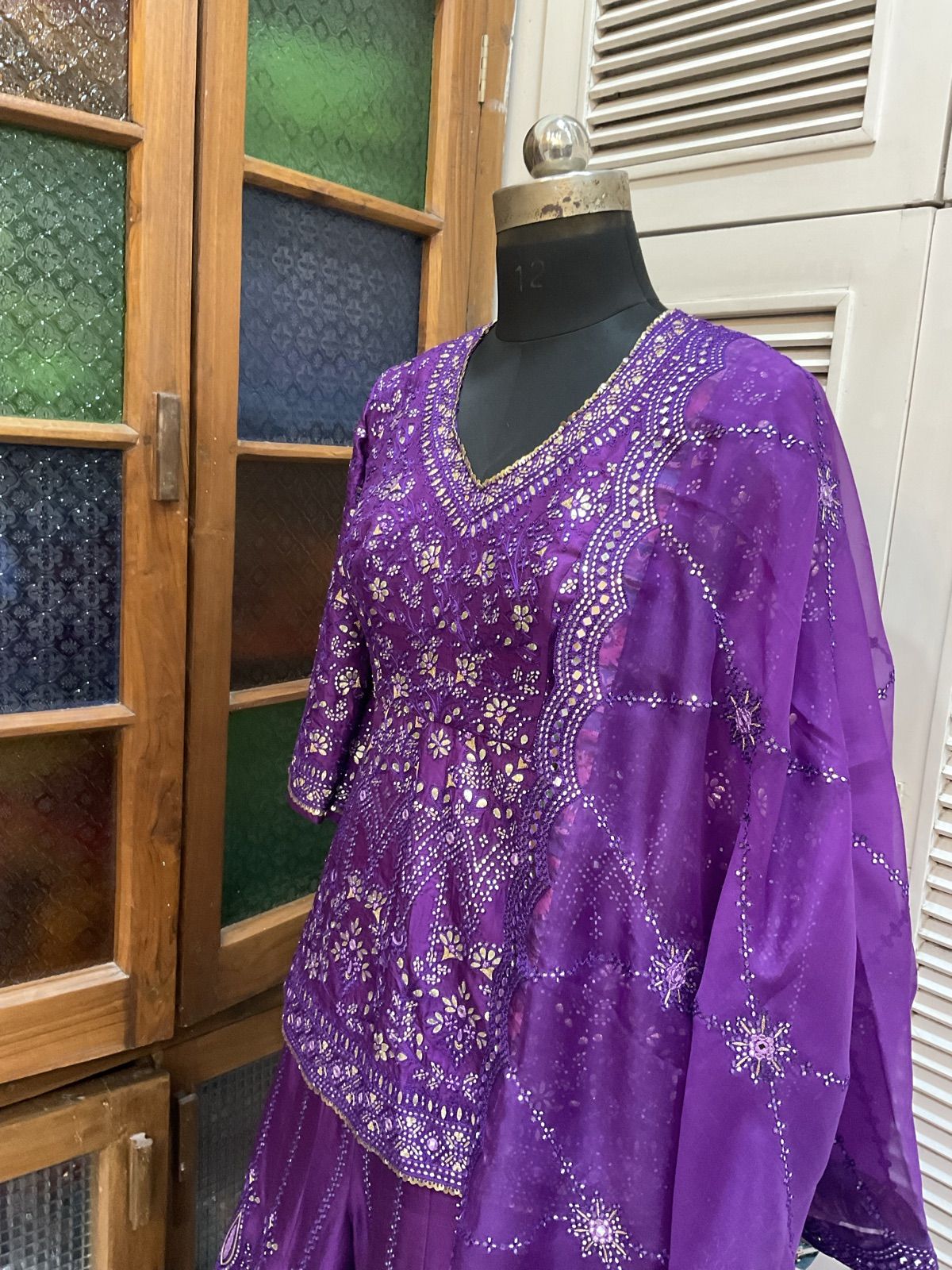 Violet Peplum Lehenga with Organza Dupatta - view 3