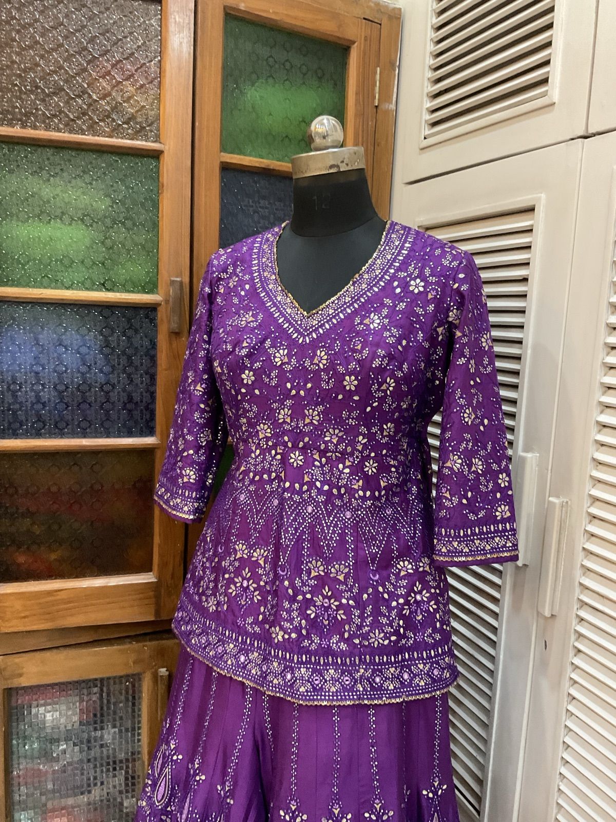 Violet Peplum Lehenga with Organza Dupatta - view 5