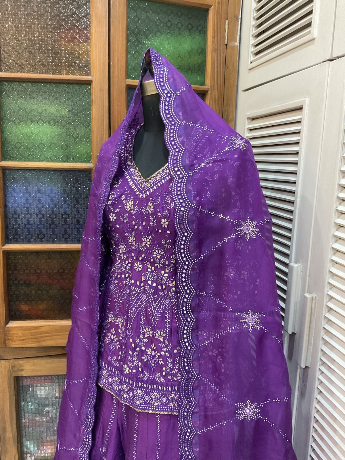 Violet Peplum Lehenga with Organza Dupatta - view 7