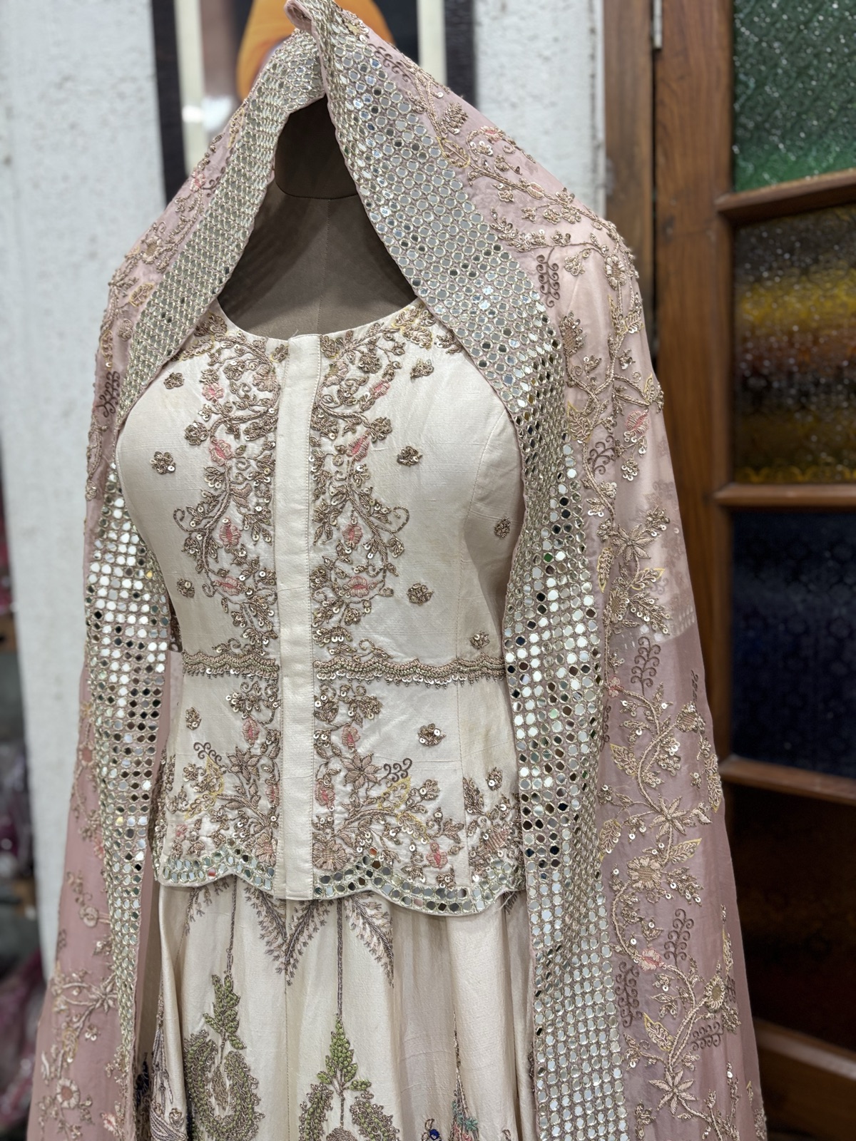 Ivory Mirror-Work Lehenga with Pink Dupatta