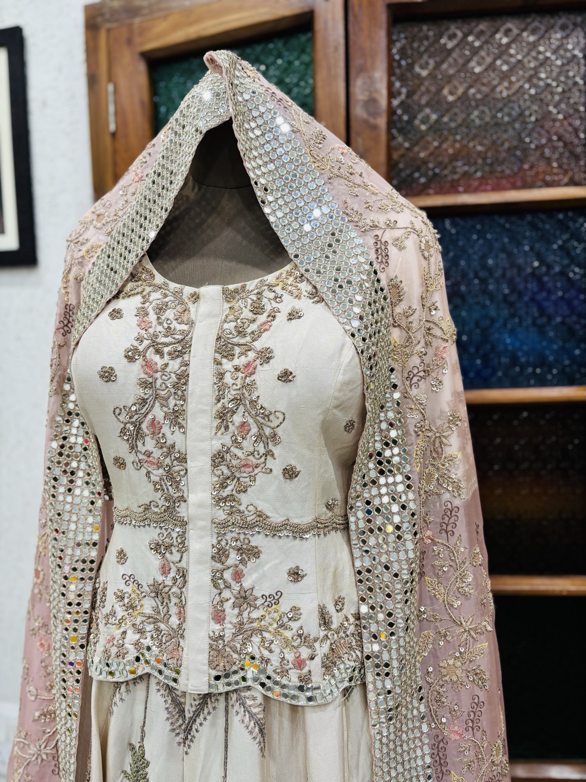Ivory Mirror-Work Lehenga with Pink Dupatta - view 3