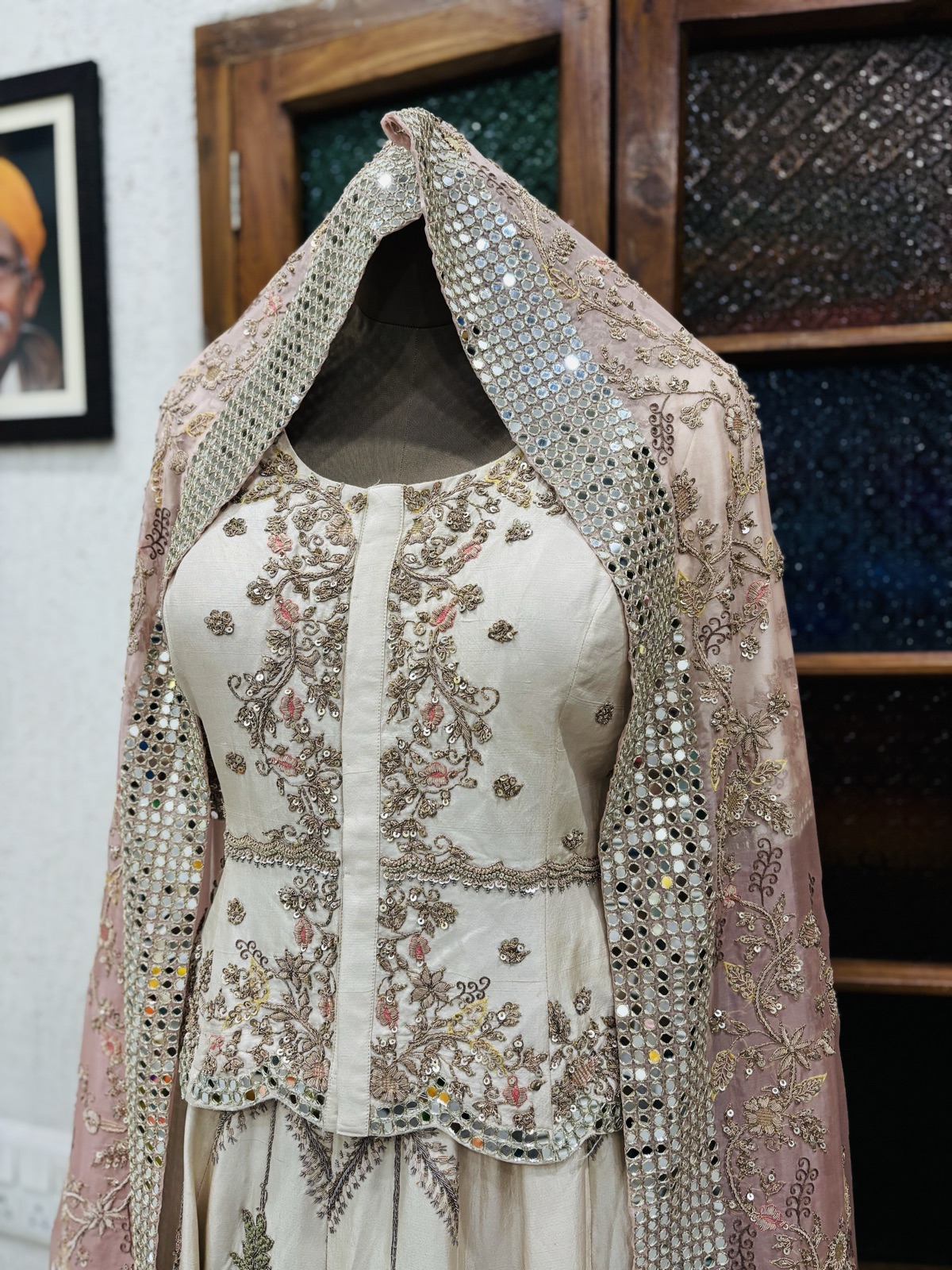 Ivory Mirror-Work Lehenga with Pink Dupatta - view 4