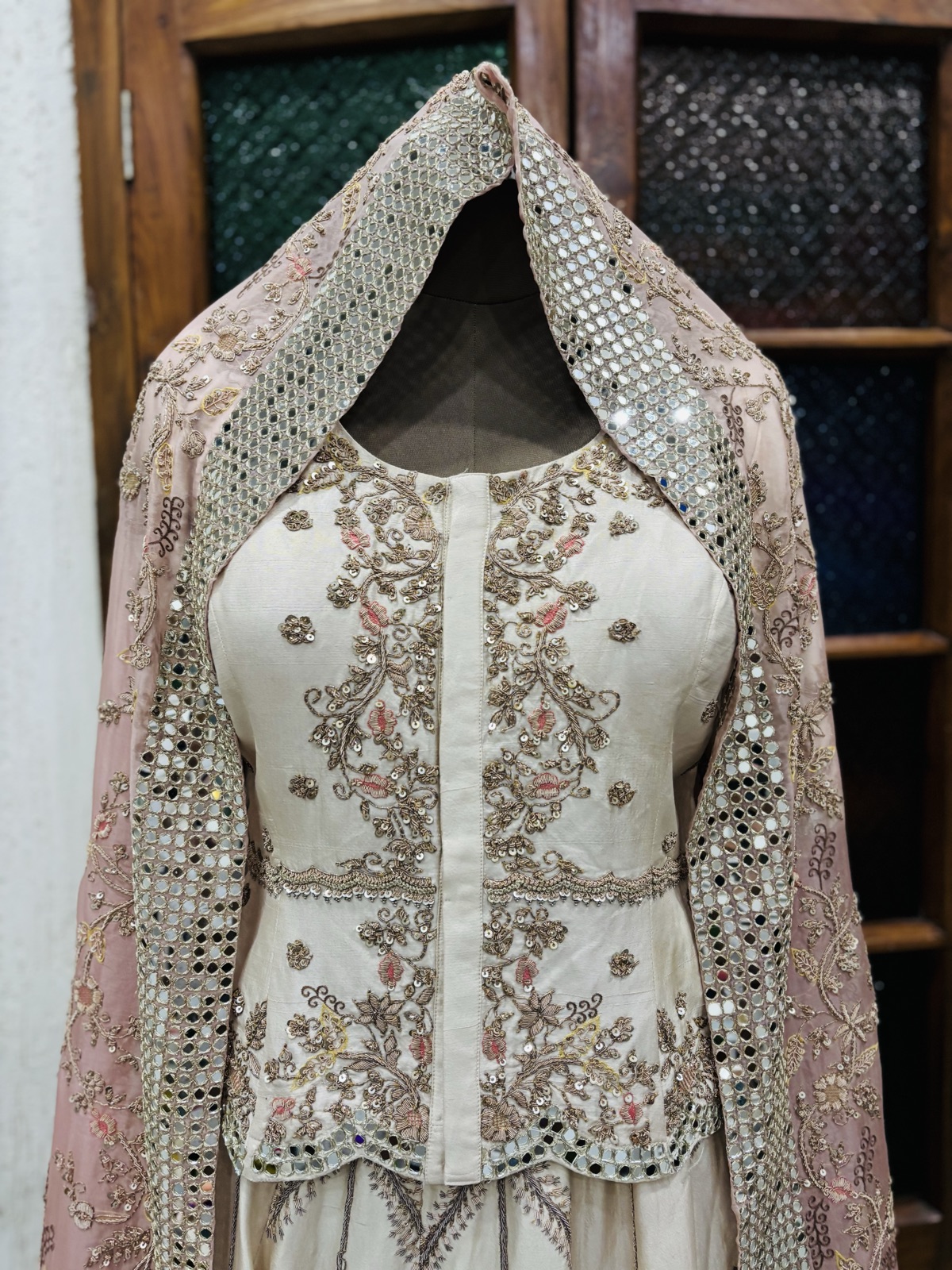 Ivory Mirror-Work Lehenga with Pink Dupatta - view 5