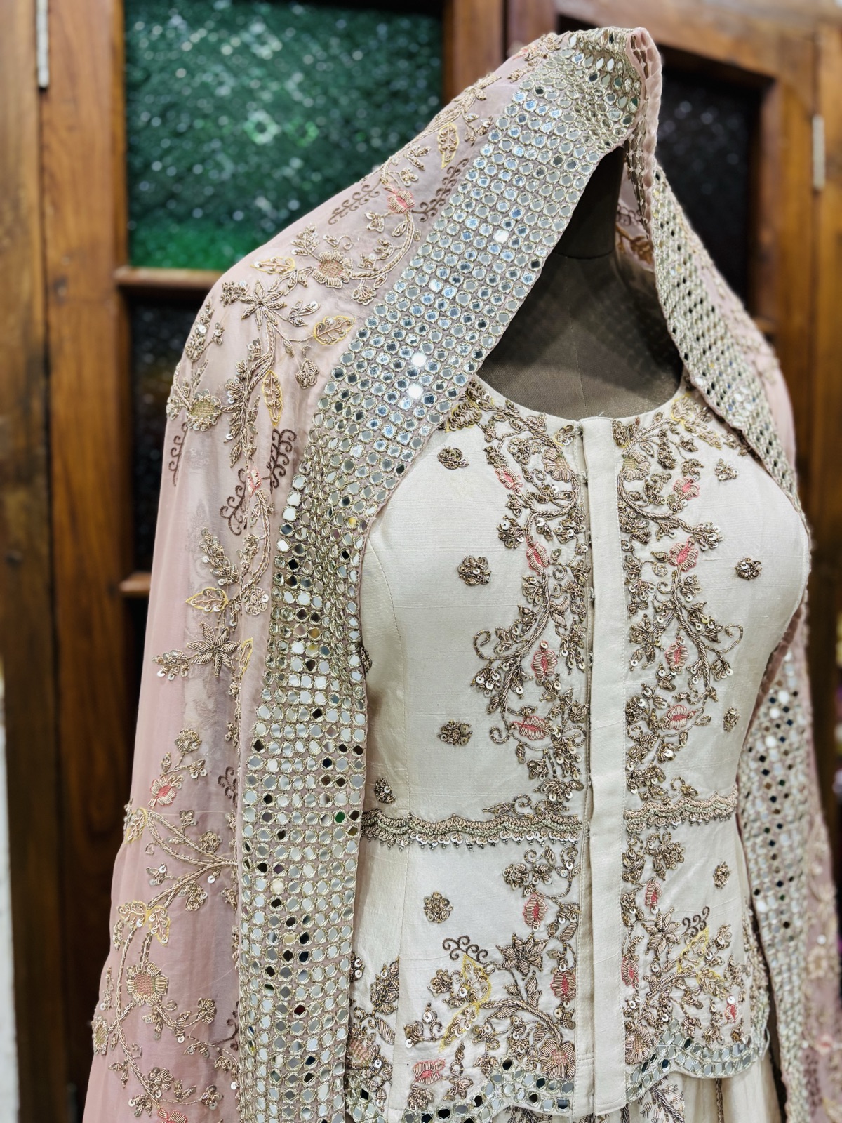 Ivory Mirror-Work Lehenga with Pink Dupatta - view 6