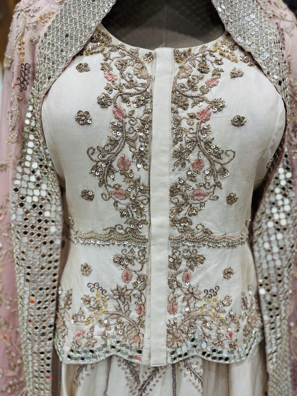 Ivory Mirror-Work Lehenga with Pink Dupatta - view 7