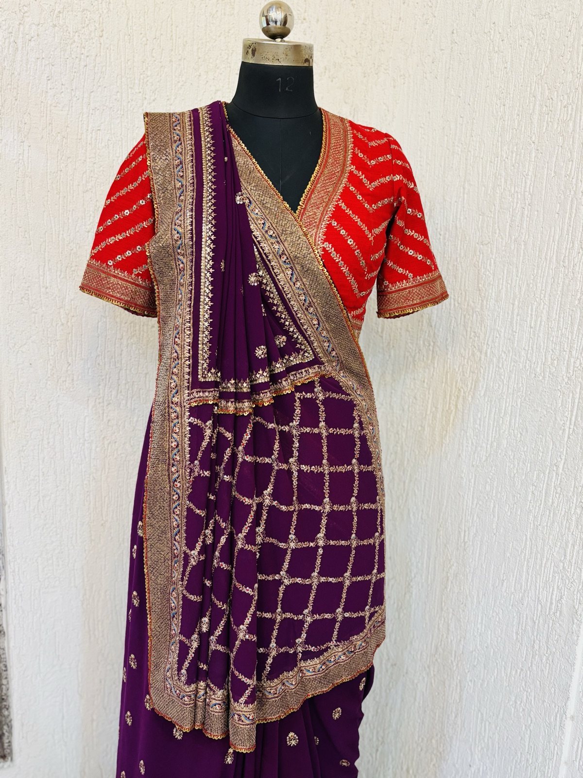 Wine Georgette Saree with Red Bandhani Blouse