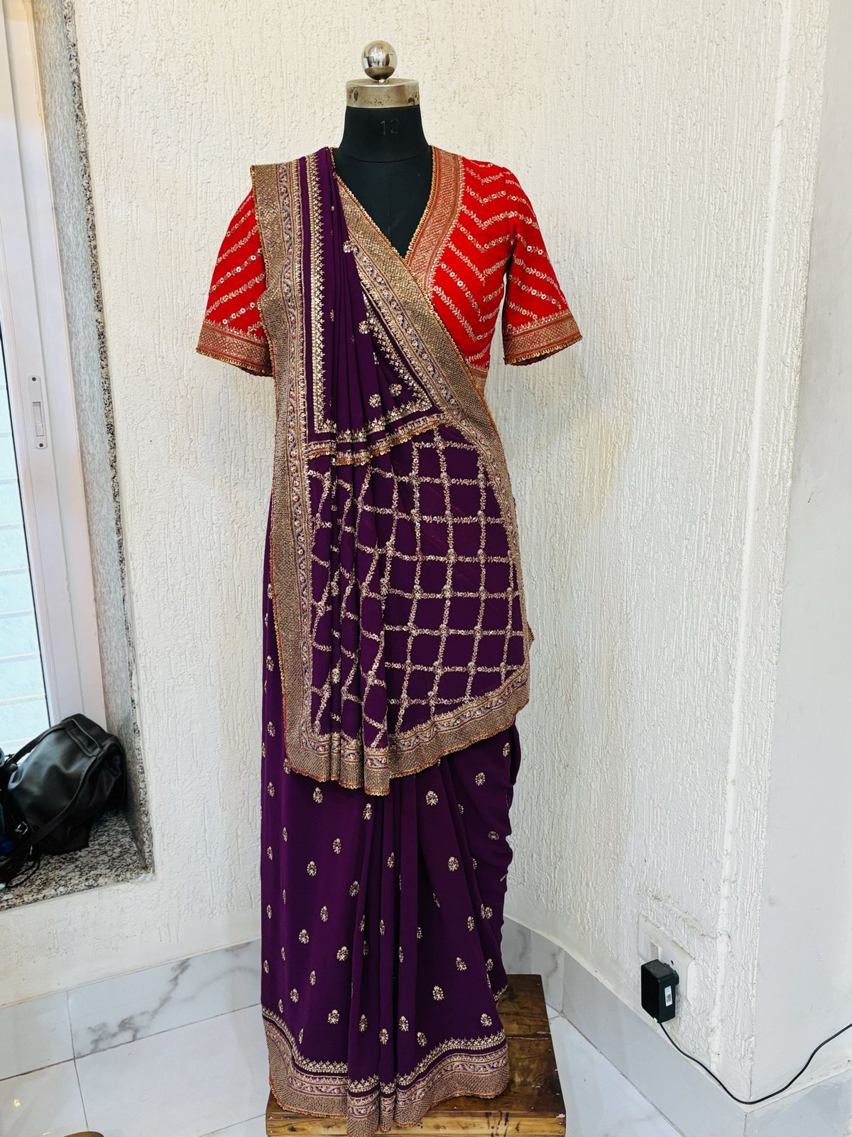 Wine Georgette Saree with Red Bandhani Blouse - view 3