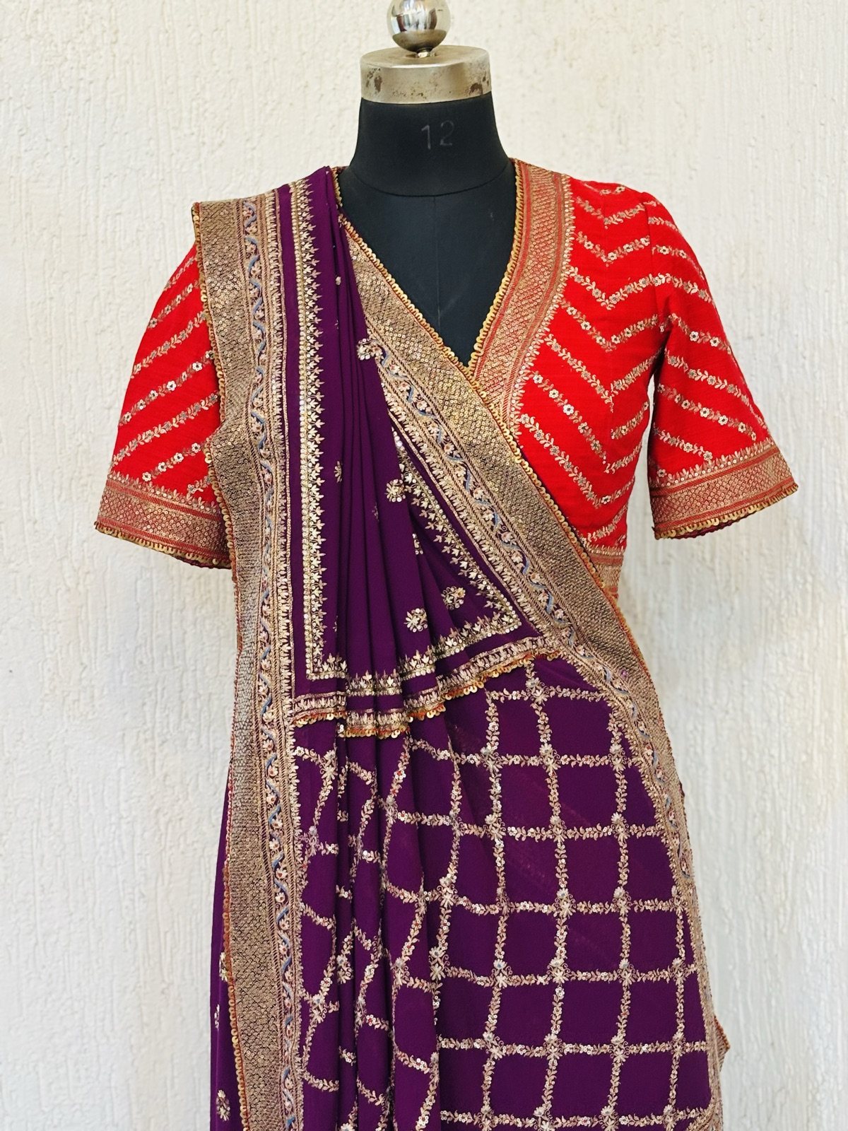 Wine Georgette Saree with Red Bandhani Blouse - view 4