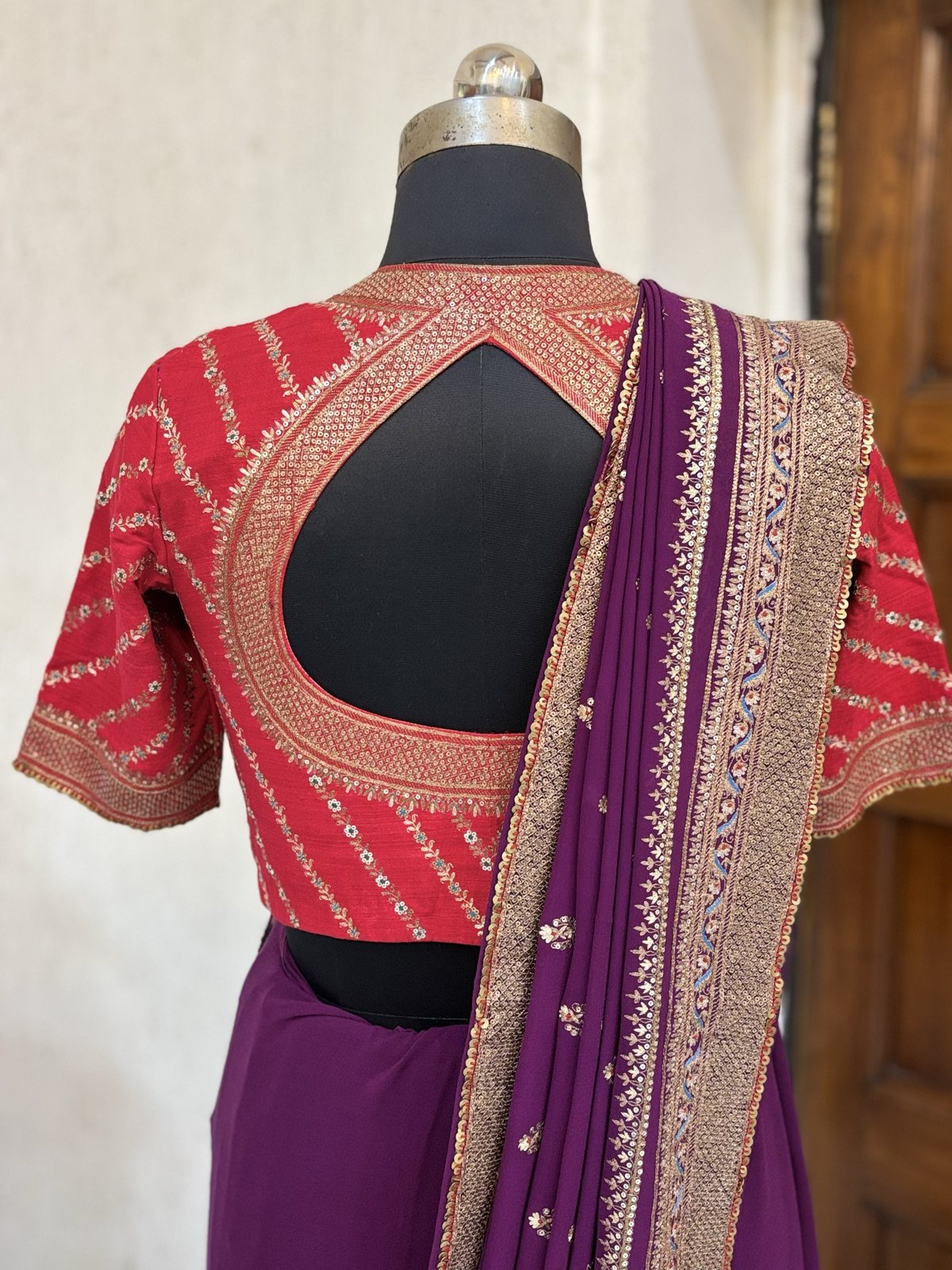 Wine Georgette Saree with Red Bandhani Blouse - view 5