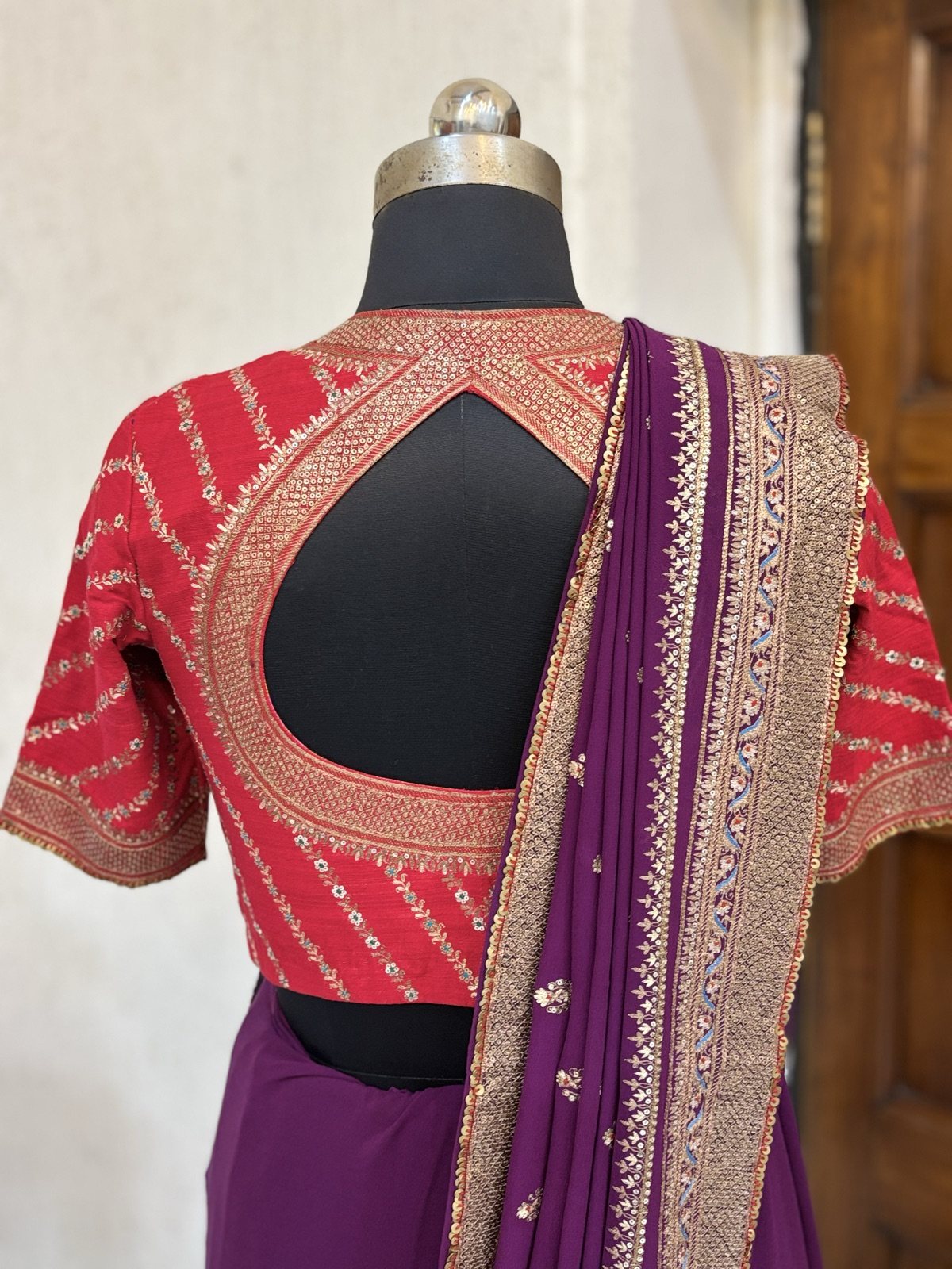 Wine Georgette Saree with Red Bandhani Blouse - view 6