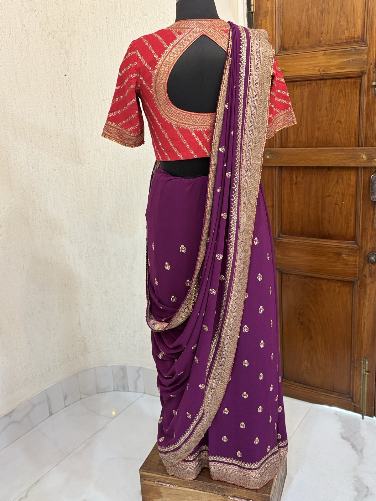 Wine Georgette Saree with Red Bandhani Blouse - view 7