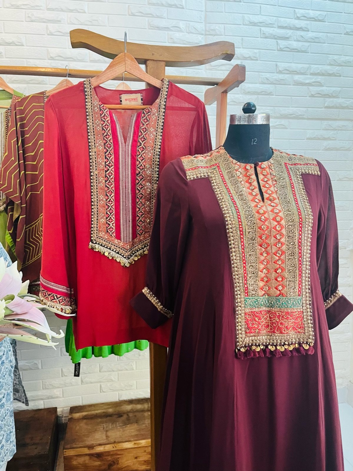 Wine Kaftan Dress with Embroidered Yoke