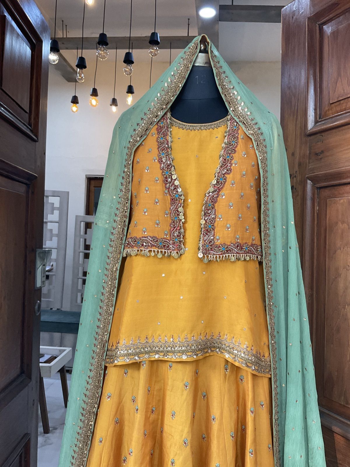Mustard Ghagra with Embroidered Jacket & Mint Dupatta - view 7