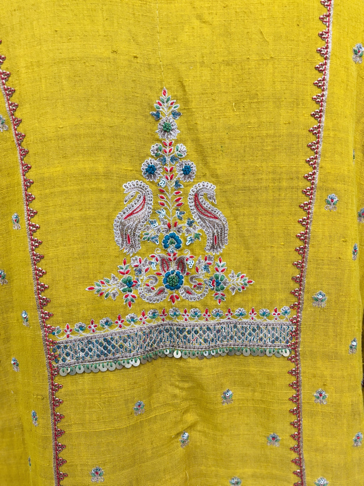 Ochre Handloom Kurta with Peacock Embroidery - view 3